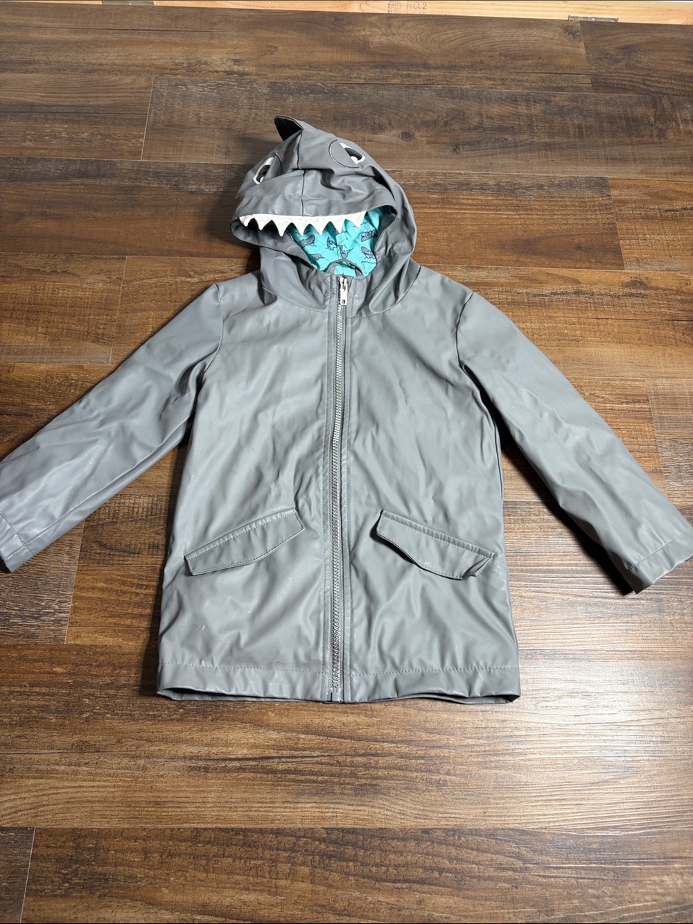 Cat & Jack Gray Shark Hooded Raincoat with Aqua Lining